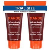 Mando bourbon leather packaging front highlights a travel-pack odor control solution.