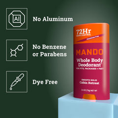Mando Cabin Retreat deodorant pack-back view highlighting skin-safe formula.