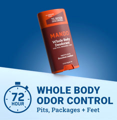 Mando deodorant stick application Bourbon Leather demonstrates smooth glide for easy, mess-free use.