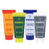 Mando Mini Body Wash Bourbon Leather 4-pack bottles demonstrate portable odor-control solution.