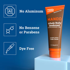 Mando odor control for pits, feet, and more.