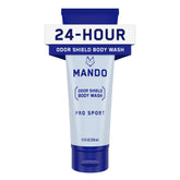 Mando Odor Shield Body Wash bottle front—clean design and skin-safe cleansing.