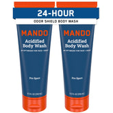 Mando Odor Shield Body Wash bottle front shows 2-pack value and odor control