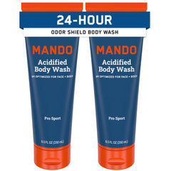 Mando Odor Shield Body Wash bottle front shows 2-pack value and odor control