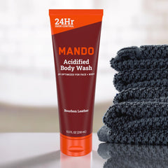 Mando Odor Shield Body Wash bottle label emphasizes SLS/SLES-free and paraben-free formula