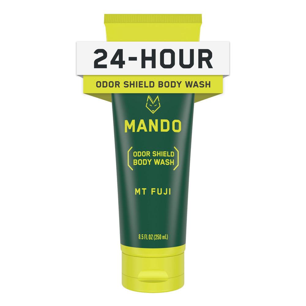 Mando Odor Shield Body Wash bottle pour demonstrates 24-hour odor control in action.