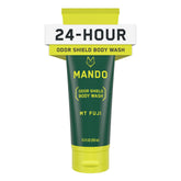 Mando Odor Shield Body Wash bottle pour demonstrates 24-hour odor control in action.