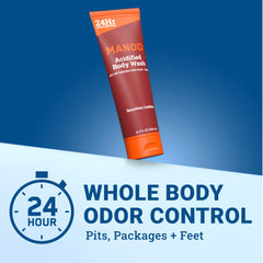 Mando Odor Shield Body Wash bottle pour demonstrates rich lather and lasting freshness