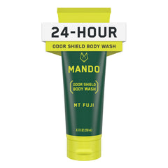 Mando Odor Shield Body Wash bottle pour demonstrates 24-hour odor control in action.