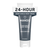 Mando Odor Shield Body Wash bottle shows unscented formula for 24 hour odor control