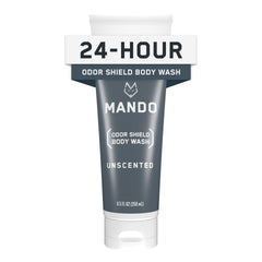 Mando Odor Shield Body Wash bottle shows unscented formula for 24 hour odor control