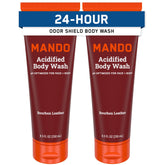 Mando Odor Shield Body Wash Bourbon Leather packaging highlights the 2-pack and 24-hour odor control