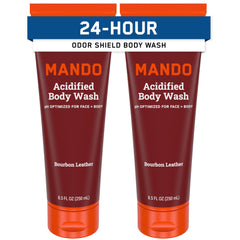 Mando Odor Shield Body Wash Bourbon Leather packaging highlights the 2-pack and 24-hour odor control