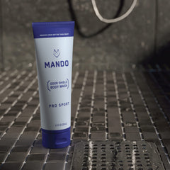 Mando Odor Shield Body Wash lather close-up—rich foam for cleansing.