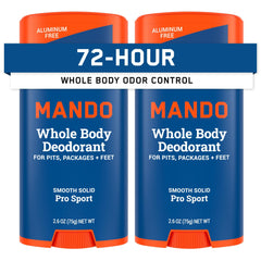 Mando Pro Sport deodorant stick front view showing aluminum-free odor control for all-day freshness.