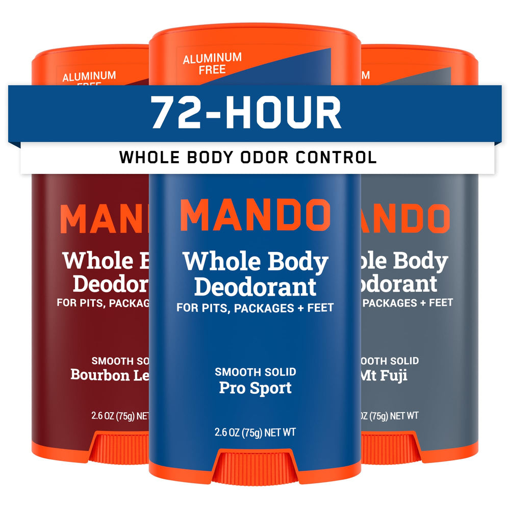 Mando whole-body deodorant stick 3-pack for convenient daily odor control.