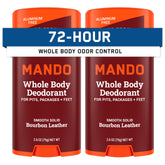 Mando whole body deodorant stick Bourbon Leather shows a skin-safe formula for all-day odor control.
