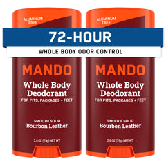 Mando whole body deodorant stick Bourbon Leather shows a skin-safe formula for all-day odor control.