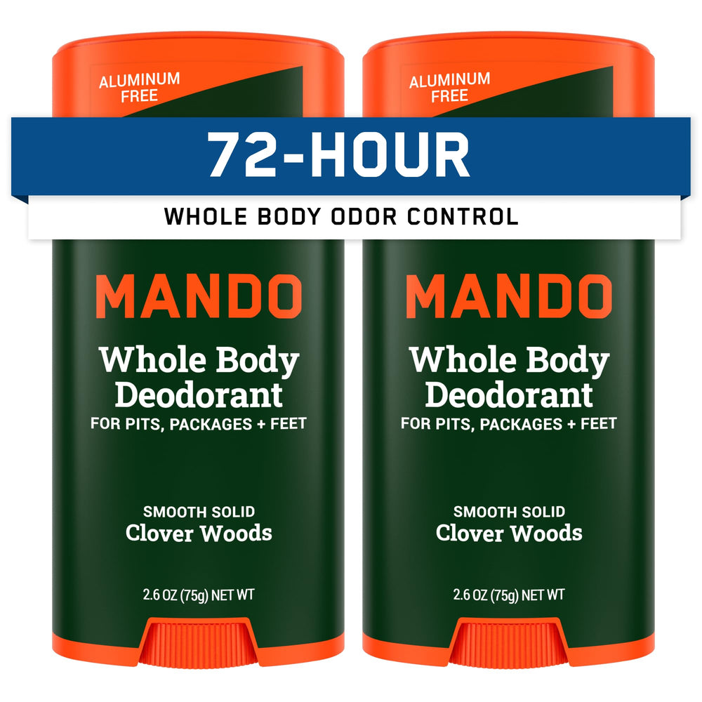 Mando Whole Body Deodorant stick applying Clover Woods scent for all-over odor control.