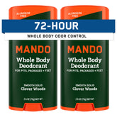 Mando Whole Body Deodorant stick applying Clover Woods scent for all-over odor control.