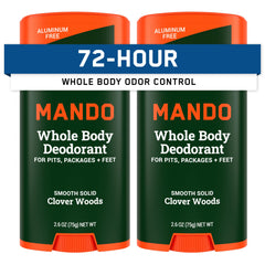 Mando Whole Body Deodorant stick applying Clover Woods scent for all-over odor control.