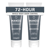 Mando packaging reveals unscented aluminum-free deodorant for all-day odor control.