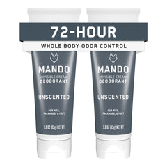 Mando packaging reveals unscented aluminum-free deodorant for all-day odor control.