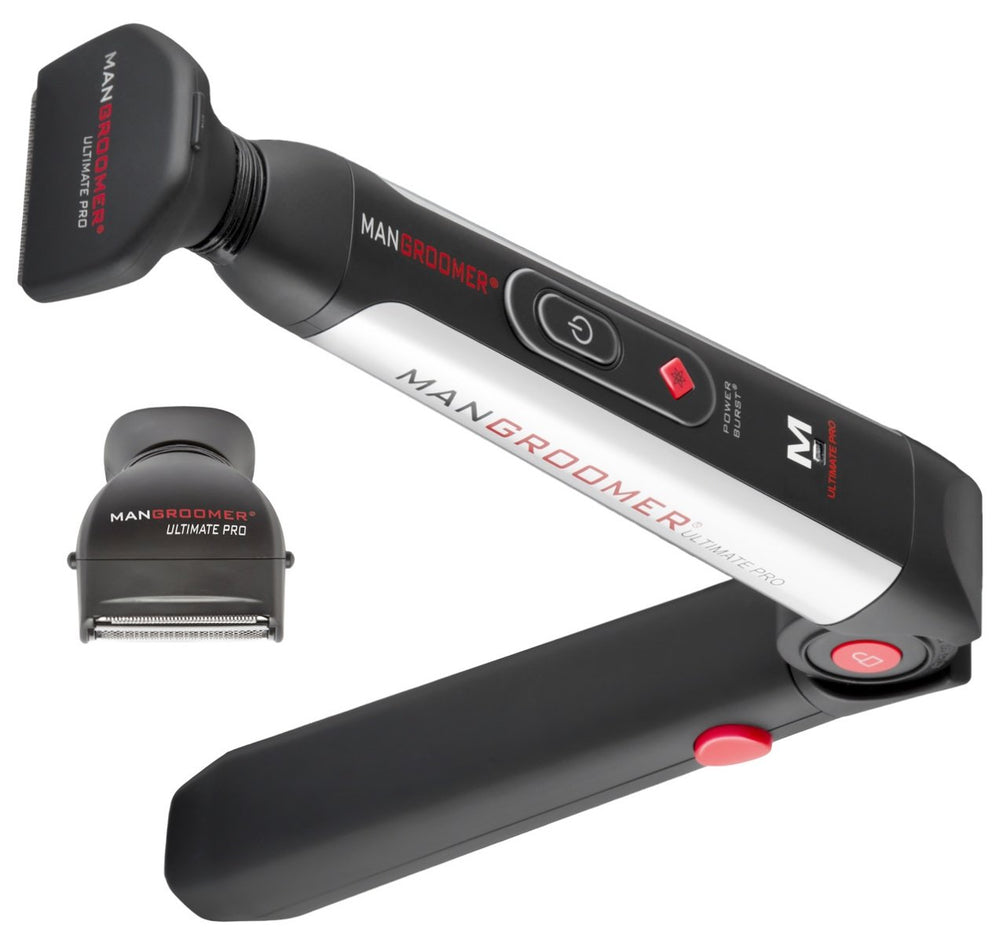 MANGROOMER Ultimate Pro Back Shaver front view with dual heads for full back coverage.