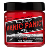 MANIC PANIC Classic Red Passion bottle closeup showing vibrant cherry red shade for bold, long-lasting shade.