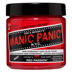 MANIC PANIC Classic Red Passion bottle closeup showing vibrant cherry red shade for bold, long-lasting shade.