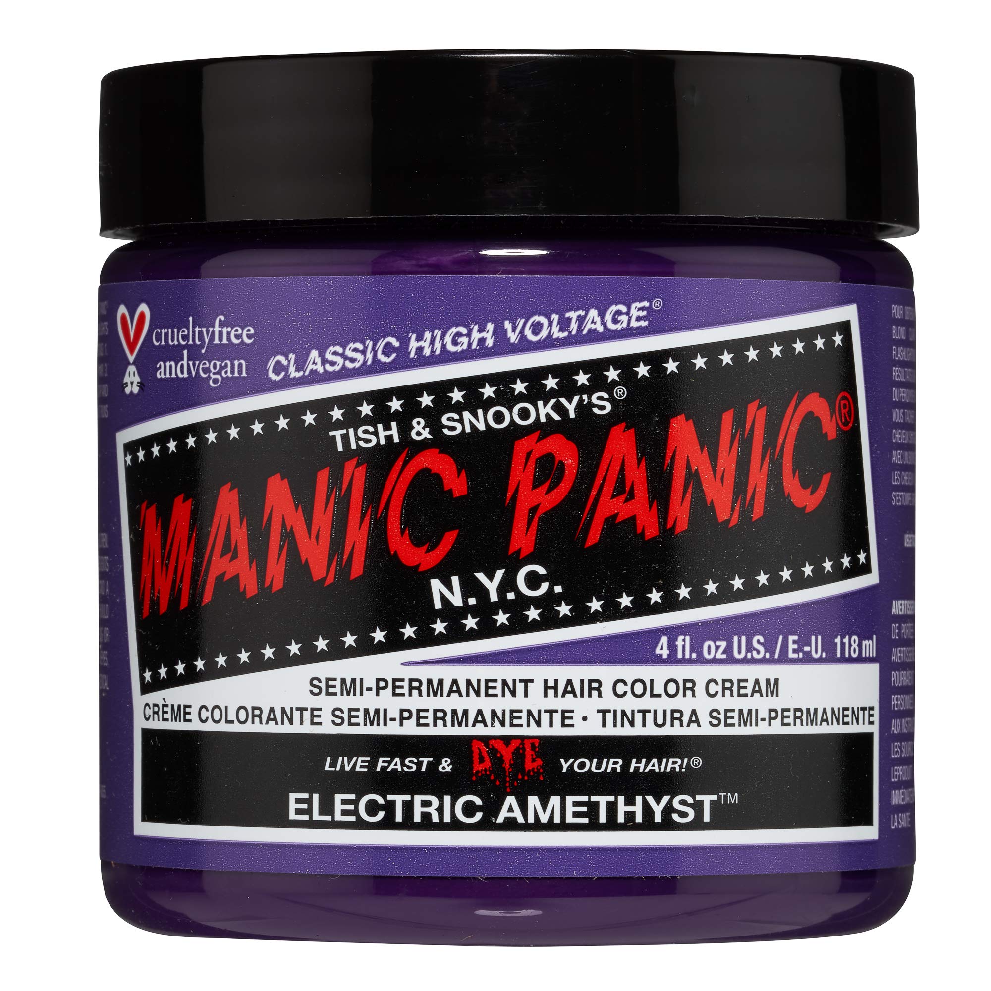 MANIC PANIC Electric Amethyst bottle pour shows bold color for at-home dyeing.
