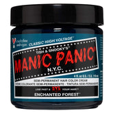MANIC PANIC Enchanted Forest bottle close-up, vibrant teal tone, vegan formula