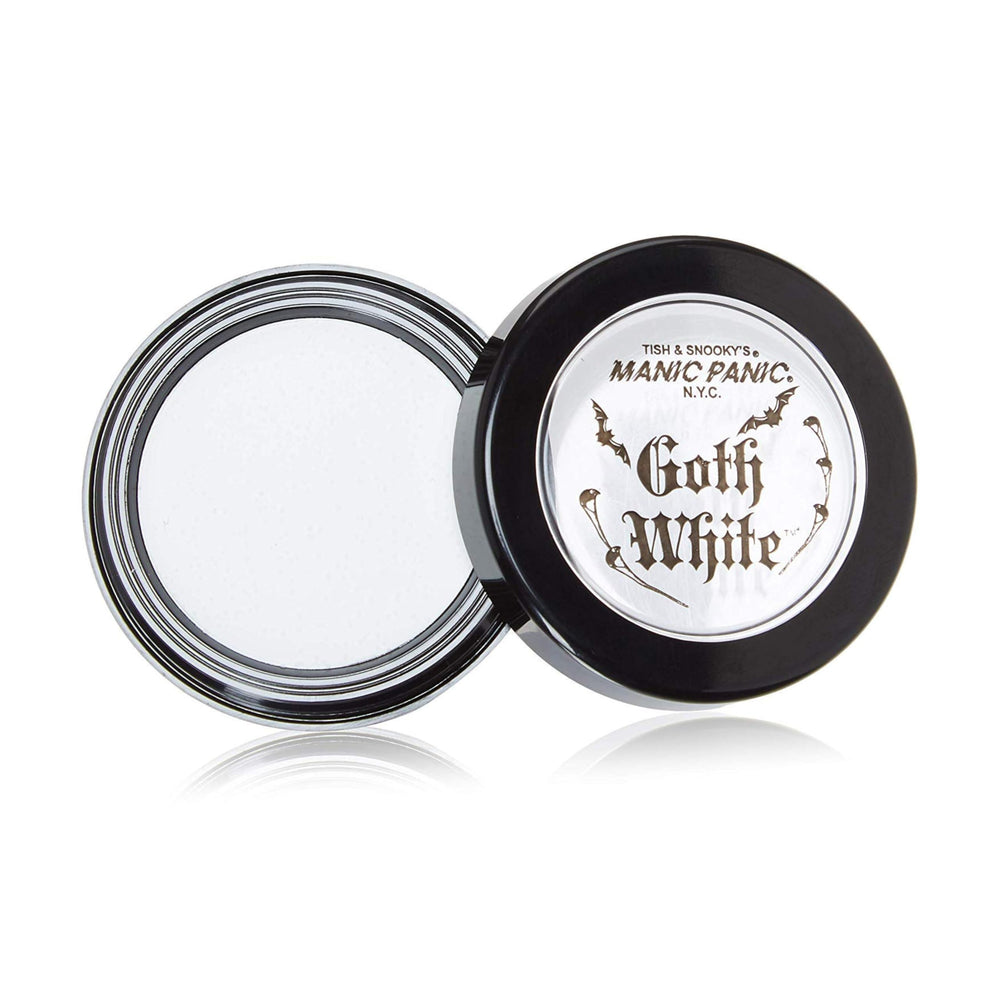 MANIC PANIC Goth White Foundation bottle demonstrates velvety cream-to-powder texture for bold base