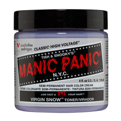 MANIC PANIC Virgin Snow Blonde Toner bottle demonstrates brassy removal for light blonde hair