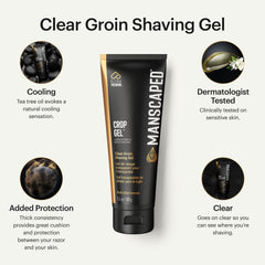 MANSCAPED Crop Gel Clear shows a transparent gel for see-through shaving guidance.