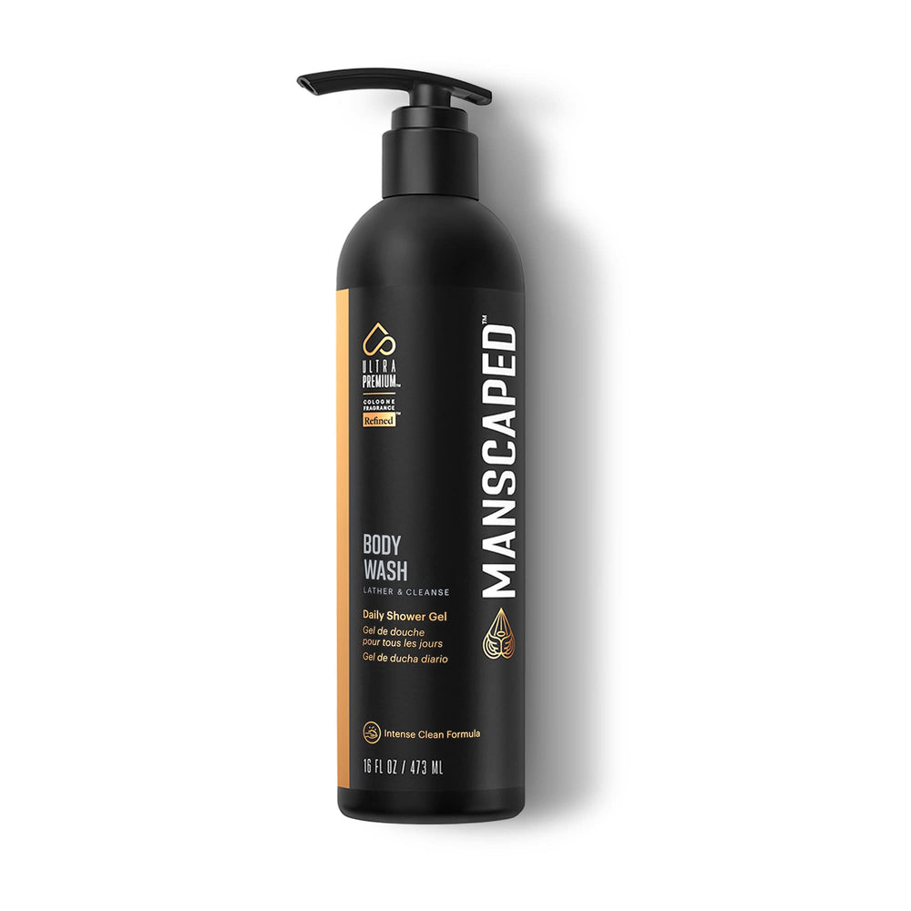 MANSCAPED UltraPremium Body Wash bottle pour promotes refreshing shower and balanced skin.