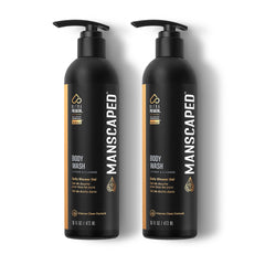 MANSCAPED UltraPremium Refined Body Wash bottle being poured for a refreshing cleanse