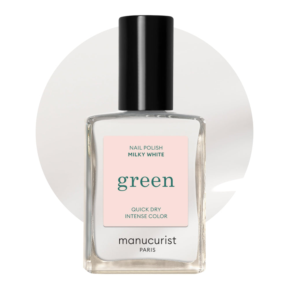 Manucurist Green Milky White bottle close-up for a sheer vegan manicure.