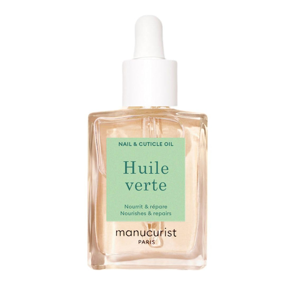 Manucurist Green Oil bottle closeup nourishes nails and cuticles.