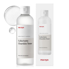 Manyo Galactomy Clear Skin Toner bottle highlights hydrating, gentle exfoliation for pores.