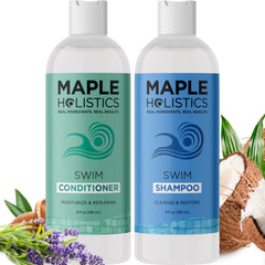 Maple Holistics after swim shampoo bottle pour shows chlorine removal for refreshed hair