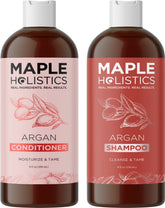 Maple Holistics Argan Oil of Morocco shampoo bottle with hydrating shine boost.