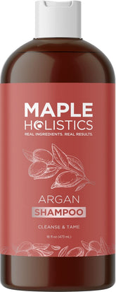 Maple Holistics Argan Oil Shampoo bottle highlights sulfate-free formula for damaged hair shine