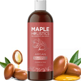 Maple Holistics Argan Oil Shampoo bottle highlights sulfate-free formula for damaged hair.
