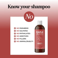 Maple Holistics Argan Oil Shampoo bottle demonstrates hydrating care for dry hair.