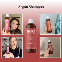 Maple Holistics Argan Oil Shampoo pour shows creamy lather for frizz control.