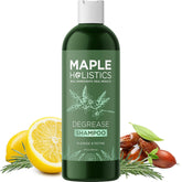 Maple Holistics clarifying shampoo bottle pour demonstrates quick cleansing for oily hair