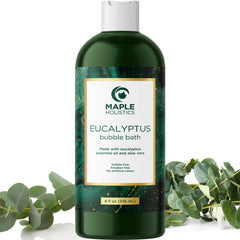 Maple Holistics Premium Eucalyptus Bubble Bath bottle for silky skin and spa-like moments.