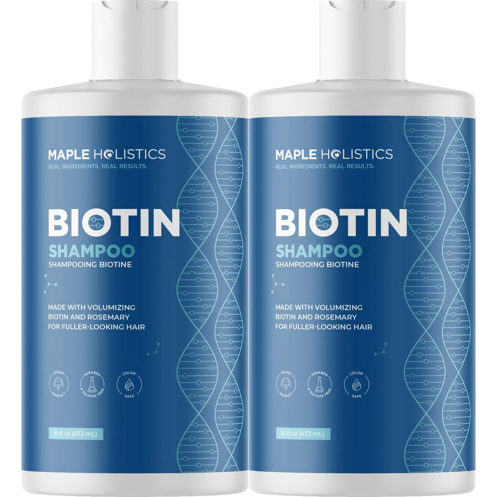 Maple Holistics Rosemary Biotin Shampoo bottle shows vegan formula for thinning hair