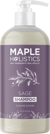 Maple Holistics Sage and Rosemary Shampoo bottle on bathroom shelf for a clarifying cleanse.